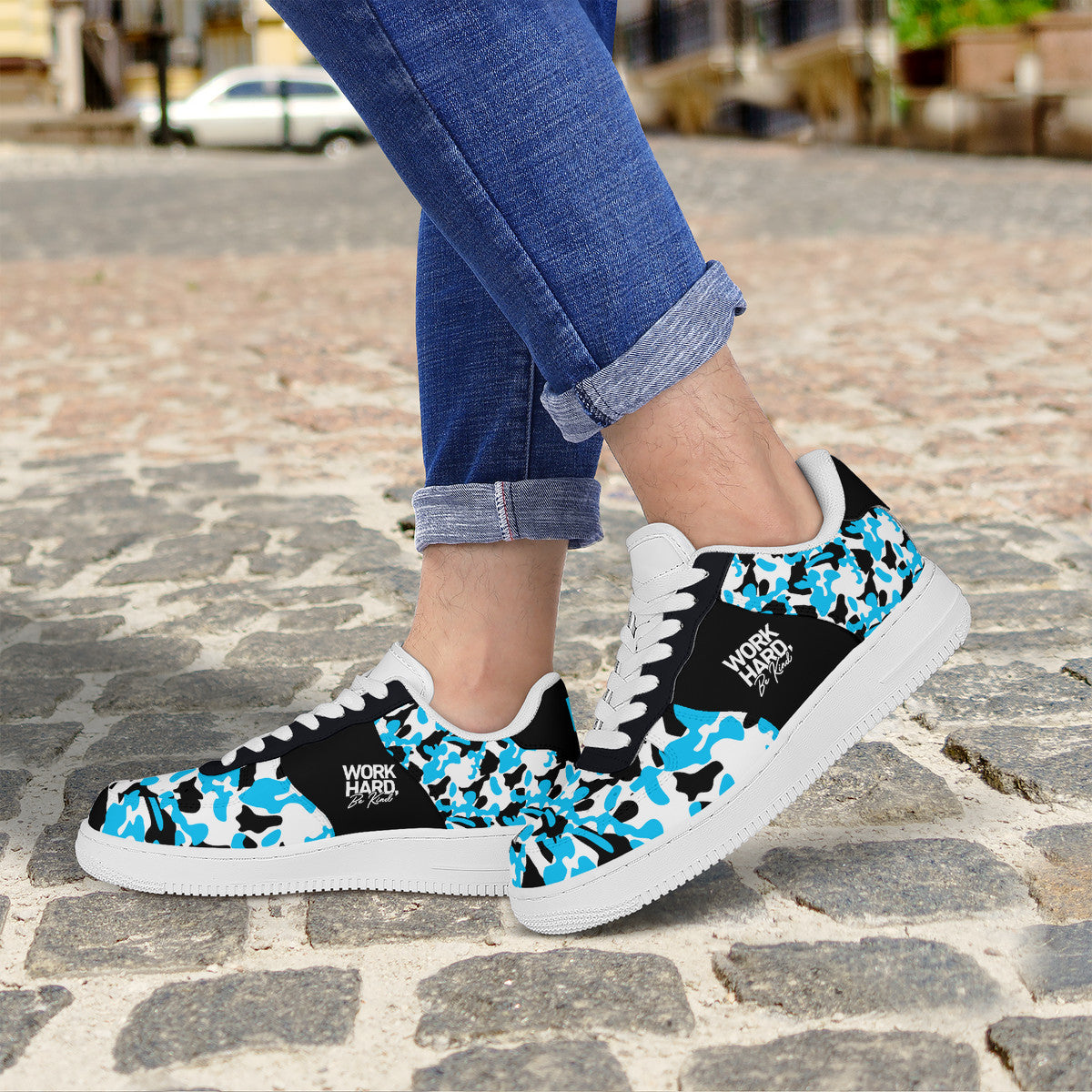 Blue and Black Camouflage with Work Hard Be Kind Unisex Air Force Sneakers