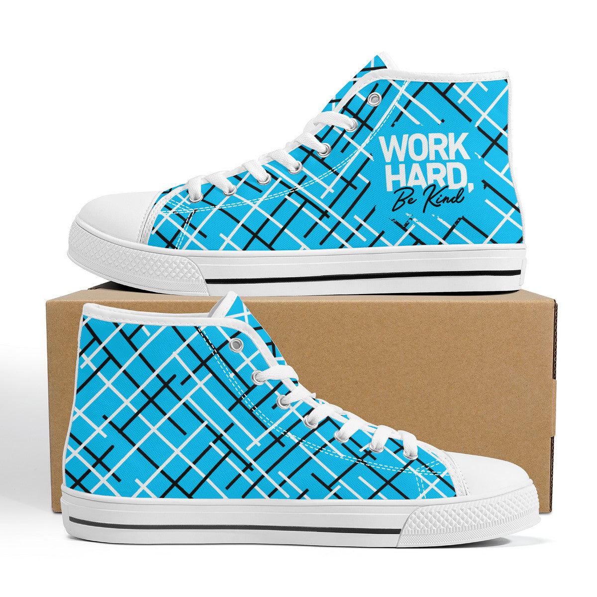 Work Hard Be Kind - Blue w/Lines Converse Style High Tops