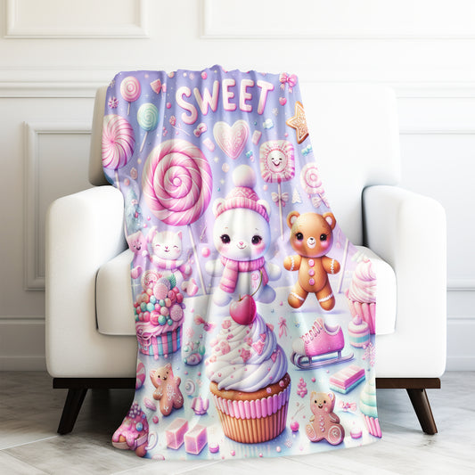 Cute Kawaii Bears and Cats Christmas Candyland, Holiday Inspiration Velveteen Plush Blanket 3 Sizes