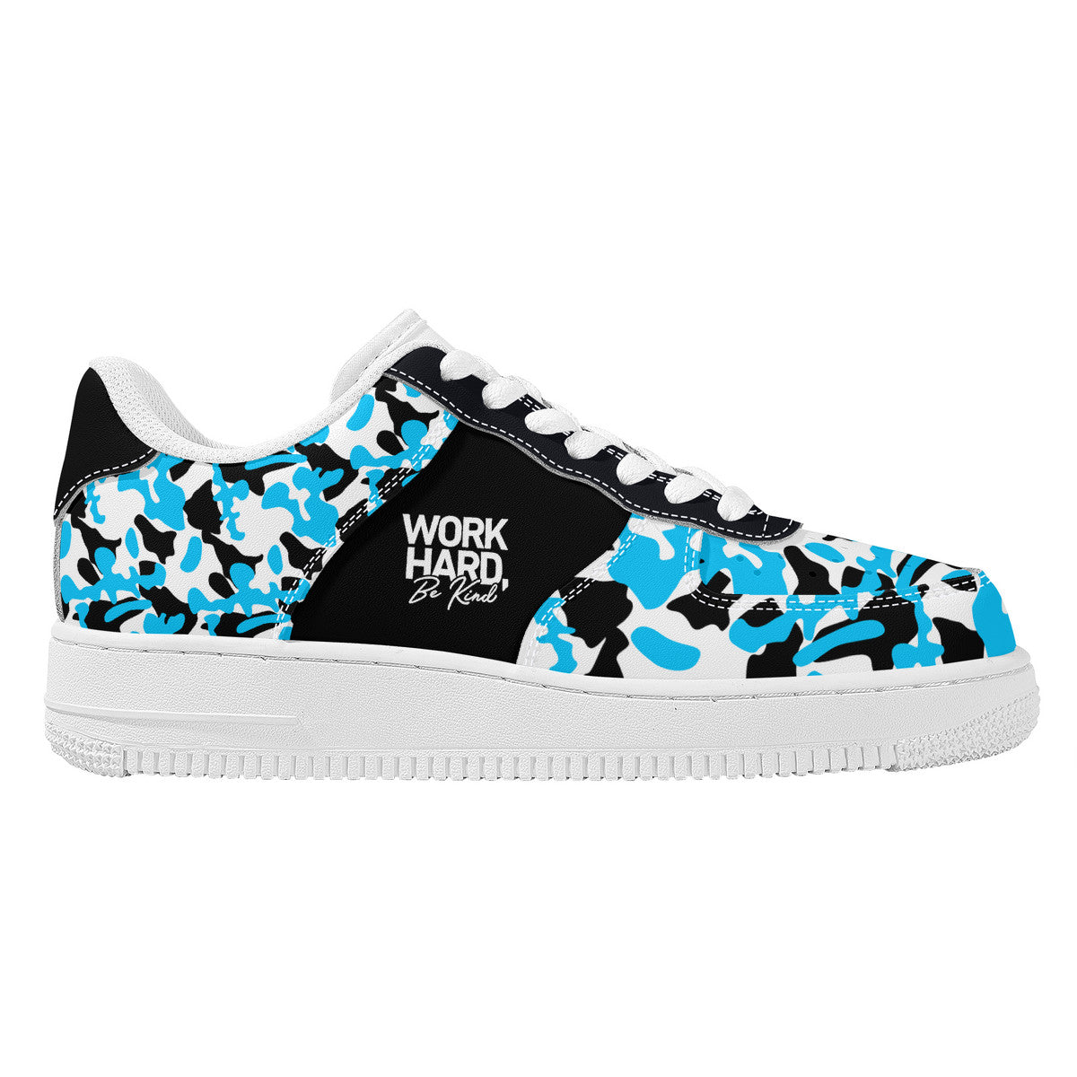 Blue and Black Camouflage with Work Hard Be Kind Unisex Air Force Sneakers