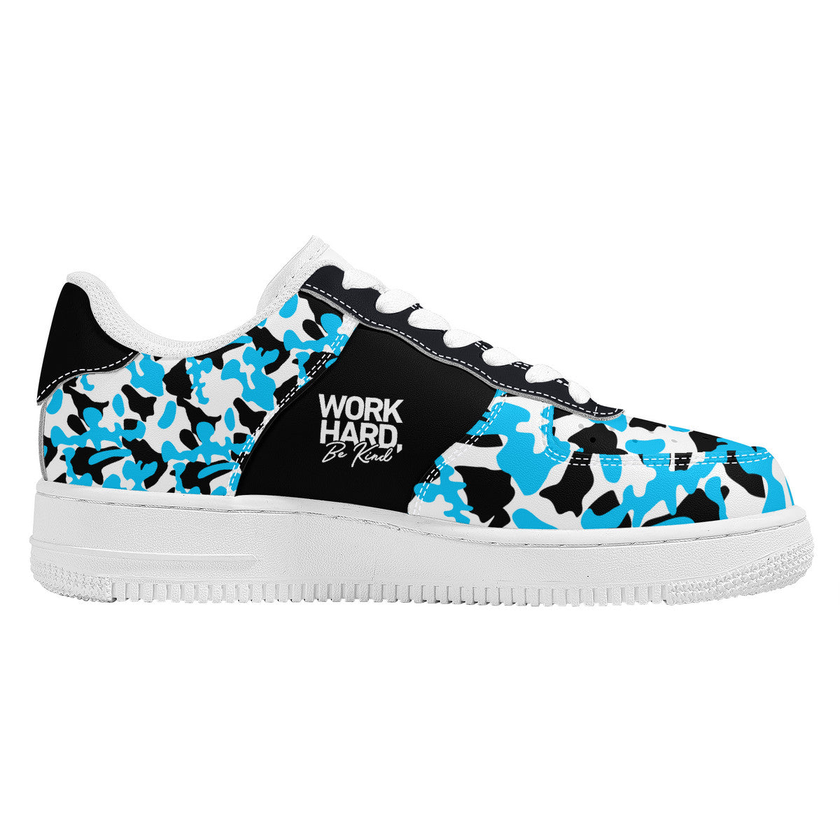 Blue and Black Camouflage with Work Hard Be Kind Unisex Air Force Sneakers