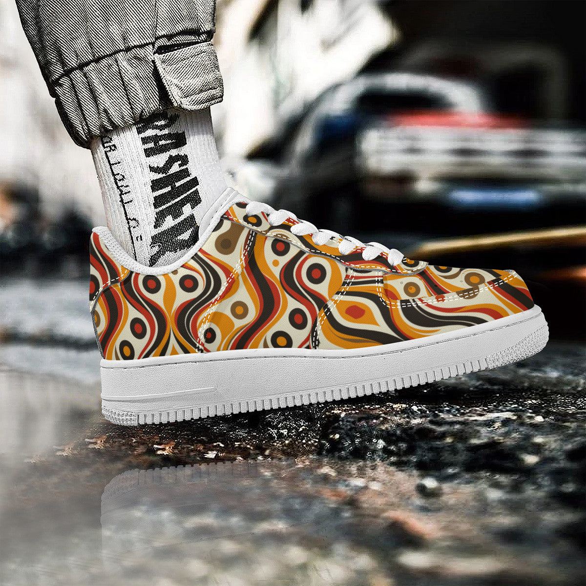 Retro Funky Chic Groove Vibrant Orange, Red, and Brown Swirls with Geometric Dots Unisex Air Force Sneakers