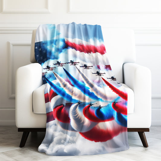 Patriotic Red White Blue Fighter Jets American Flag 4th of July Velveteen Plush Blanket 3 Sizes