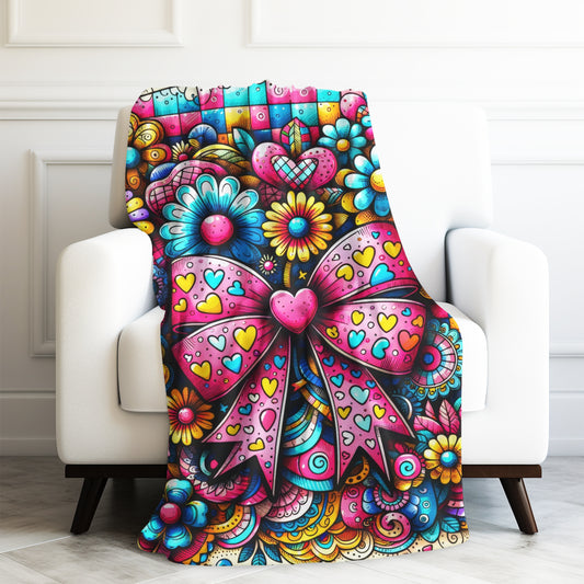 Coquette Pink Bow Hearts and Flowers Velveteen Plush Blanket 3 Sizes