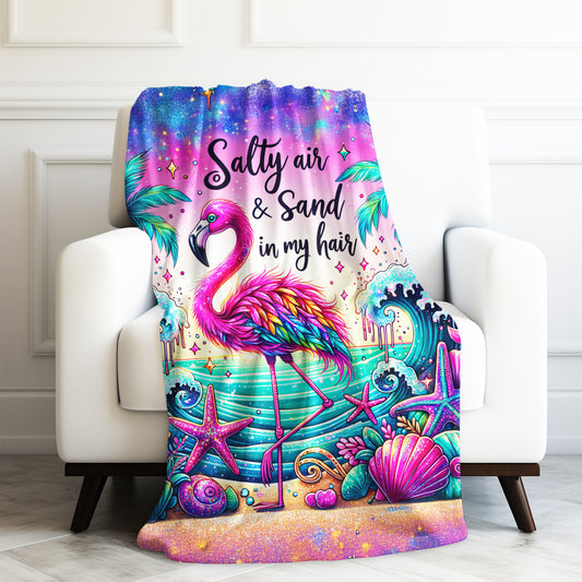 Salty Air Sand In My Hair Caribbean Flamingo Velveteen Plush Blanket 3 Sizes
