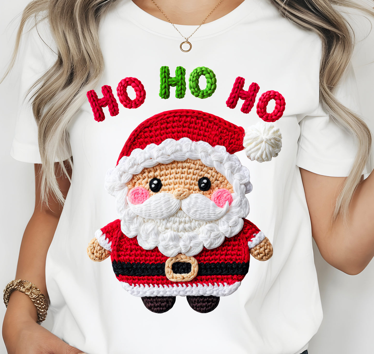 Faux Yarn Crochet Christmas Santa HO HO HO Print Jersey Short Sleeve T-shirt