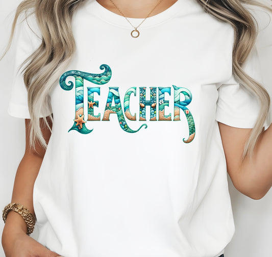Teacher Beach Ocean Sea Shells Theme Print Jersey Short Sleeve T-shirt