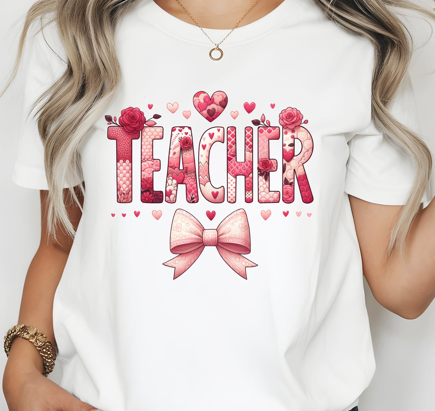 Coquette Teacher Valentines Hearts Bows Theme Print Jersey Short Sleeve T-shirt