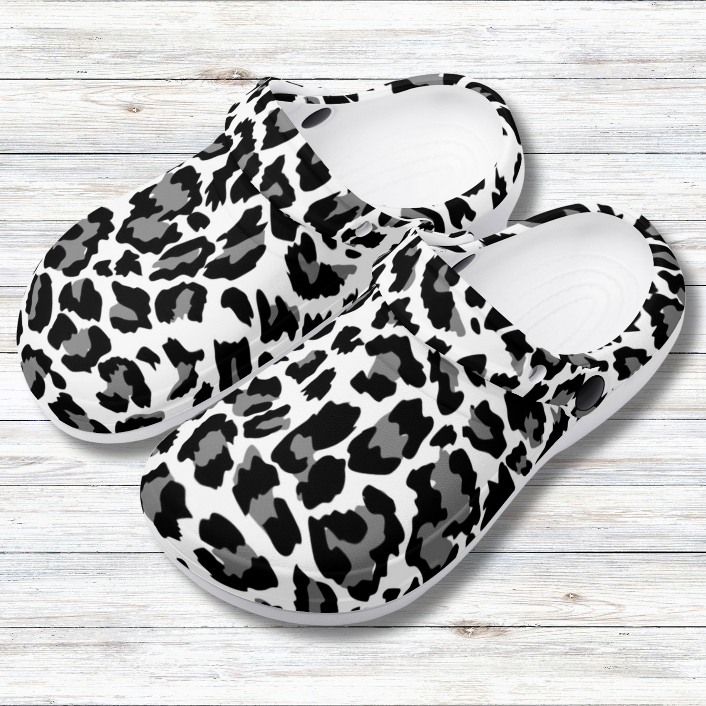 Bold Leopard Print Black and Grey Pattern Casual Lightweight Slip On Nurse Style Clogs