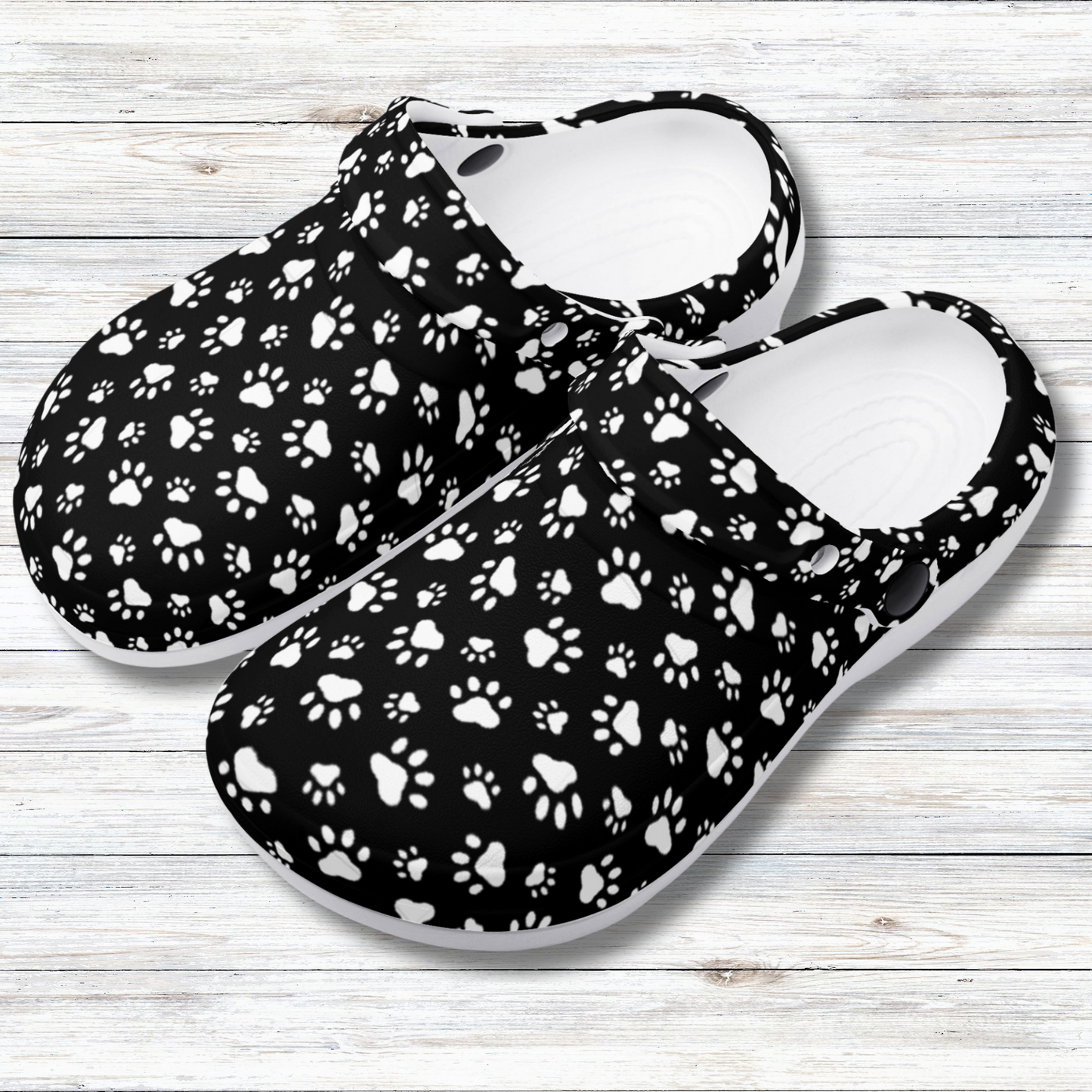 Animal Paw Print in White on Black Casual Lightweight Slip On Nurse Style Clogs