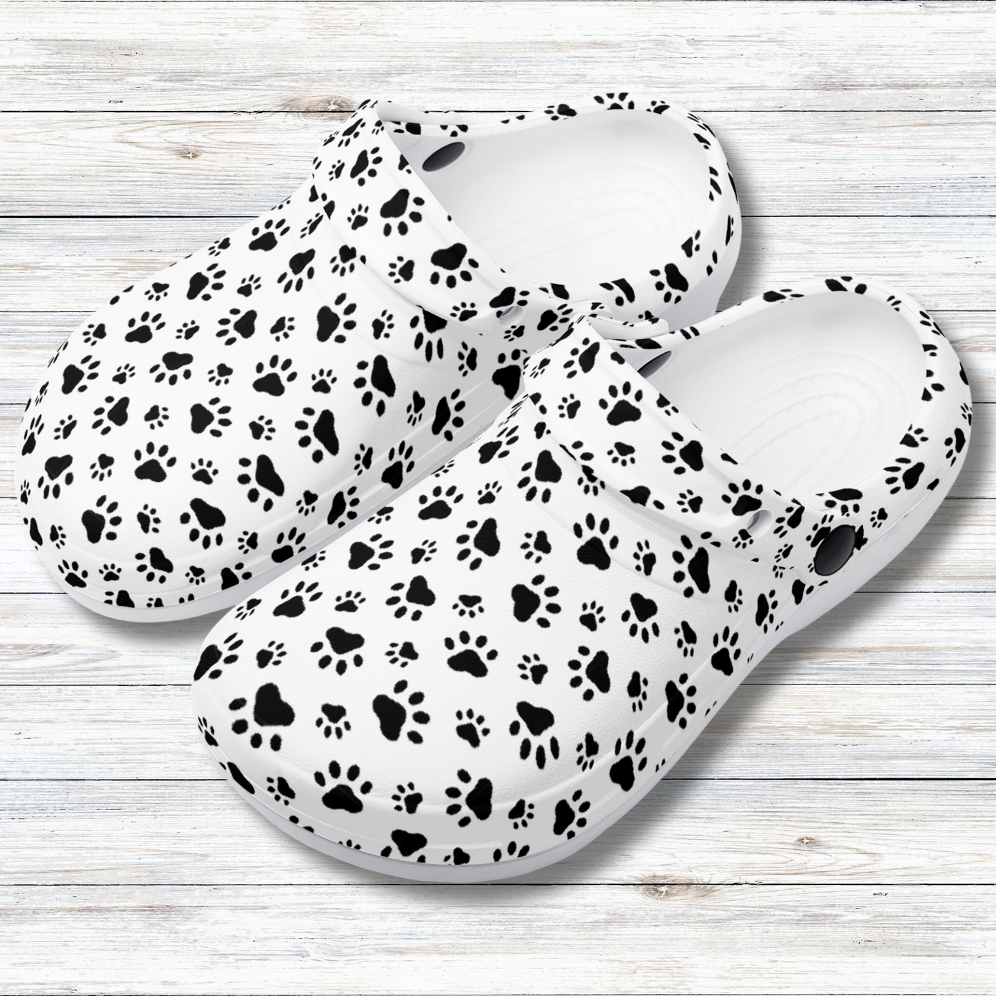 Animal Paw Print in Black on White Casual Lightweight Slip On Nurse Style Clogs