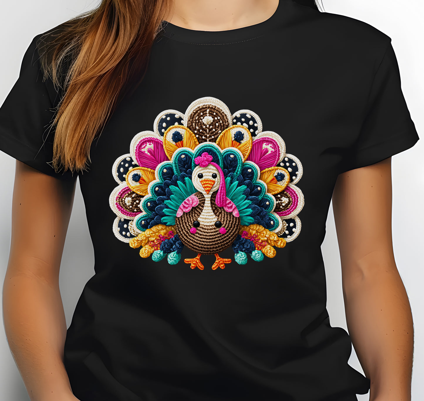 Turkey Fall Thanksgiving Faux Crochet Print Jersey Short Sleeve T-shirt