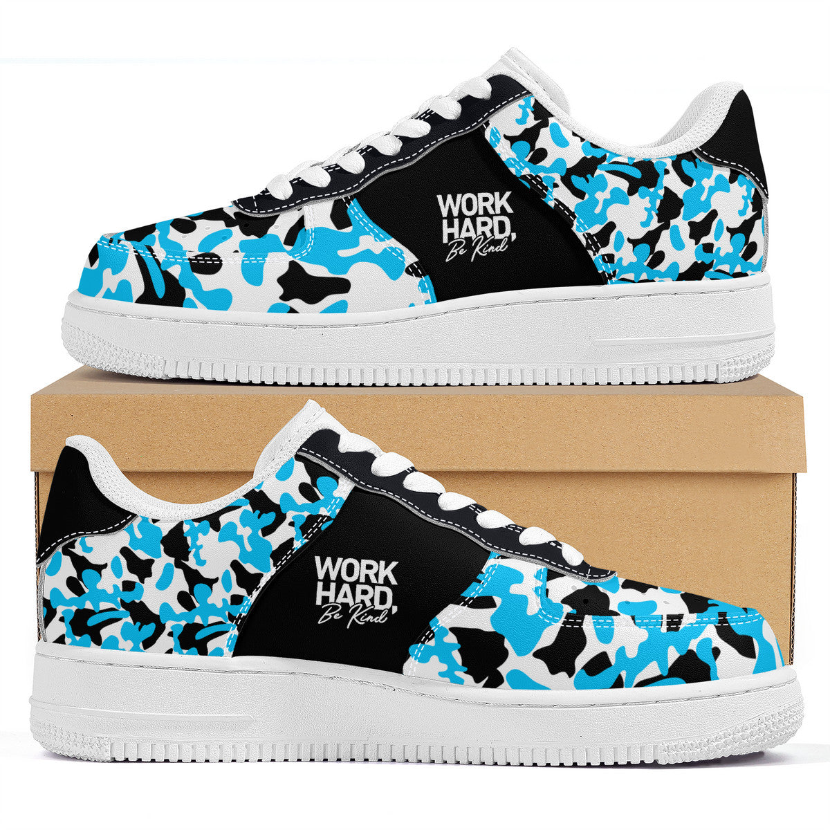 Blue and Black Camouflage with Work Hard Be Kind Unisex Air Force Sneakers