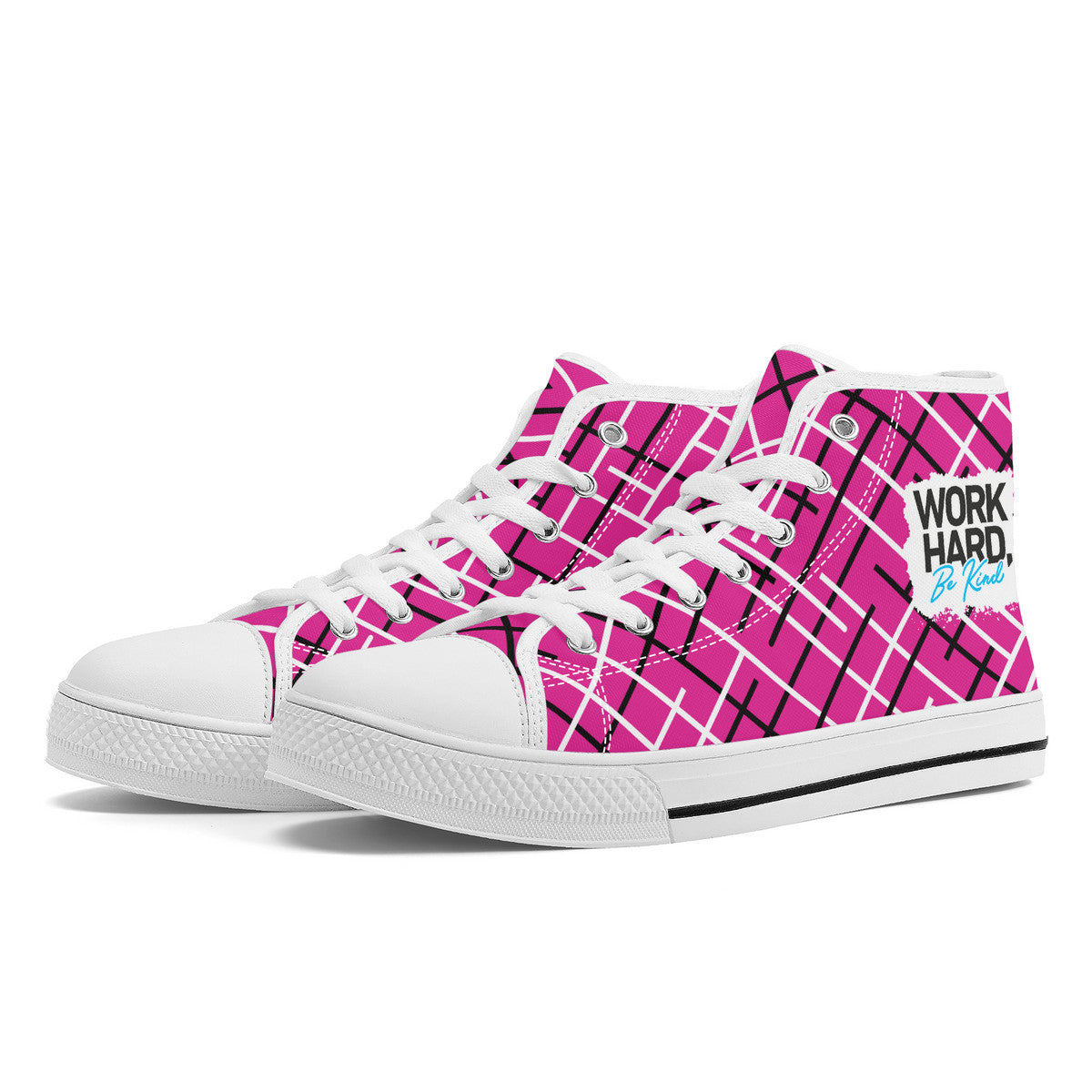 Work Hard Be Kind - Pink w/ Lines Converse Style High Tops