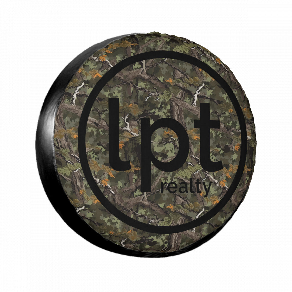 LPT Realty Logo in Black on Mossy Oak Theme Camouflage Background - Spare Tire Wheel Cover Sizes 14-17