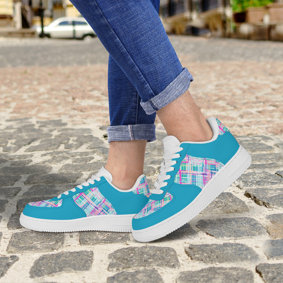 Whimsical Plaid Spectrum: Bright Pinks, Blues, and Greens and Blue Trim Unisex Air Force Sneakers