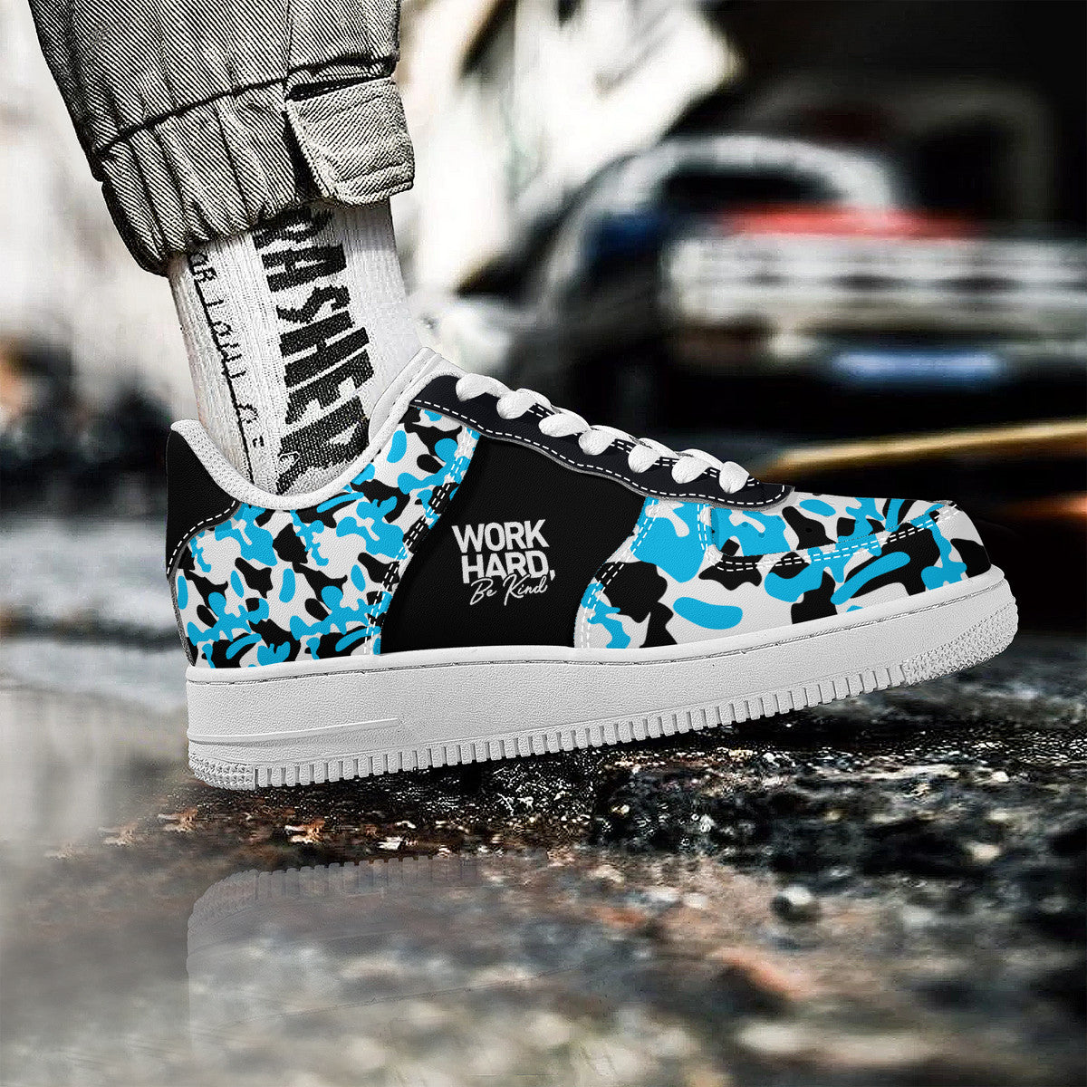 Blue and Black Camouflage with Work Hard Be Kind Unisex Air Force Sneakers