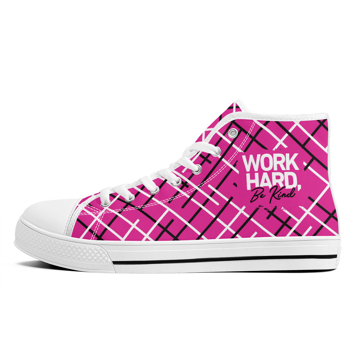 Work Hard Be Kind - Pink w/ Lines Converse Style High Tops