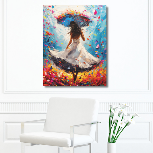 Spring Sunshine Women Swirling in White Dress in Field of Flowers Oil Painting Print on Canvas Gallery - 9 Sizes