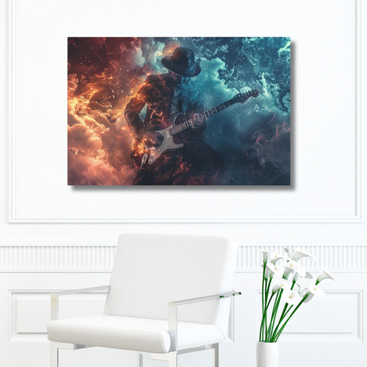 Blazing Virtuosity: Electric Guitar Player, Clad in Top Hat, amidst a Fiery and Icy Backdrop Art Canvas Gallery Wraps  - 4 Sizes