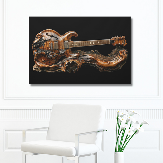 Intricately Carved Electric Guitar Resting on a Handcrafted Wooden Stand Print on Canvas Gallery Wraps  - 4 Sizes