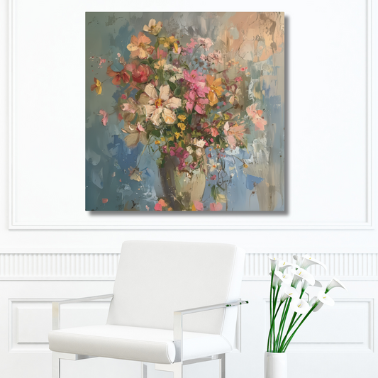 Bouquet of Soft Pink and Yellow Flowers in a Vase Against a Background of Gold and Blue Print on Canvas Gallery Wraps  - 5 Sizes