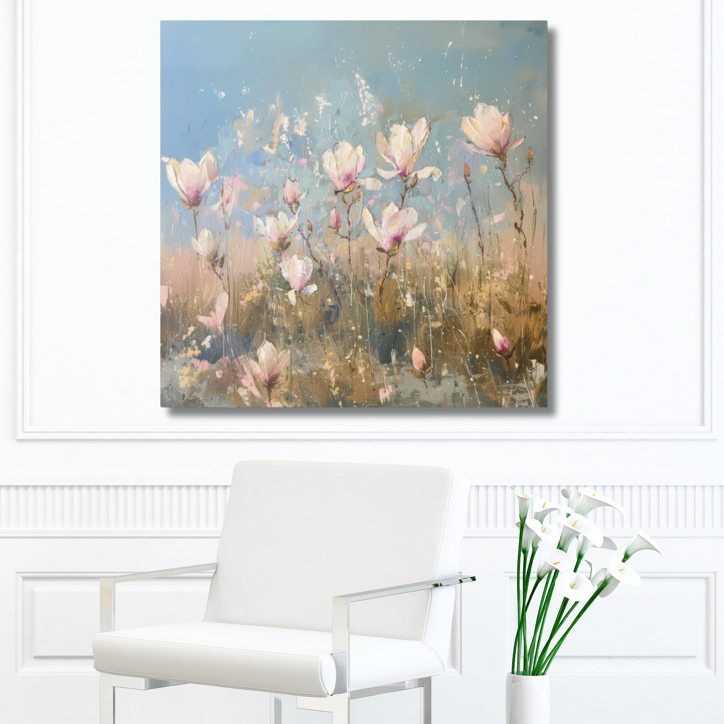 Gentle Spring Serenity: Soft White and Pink Wildflowers Blooming in a Sunlit Field Print on Canvas Gallery Wraps  - 5 Sizes