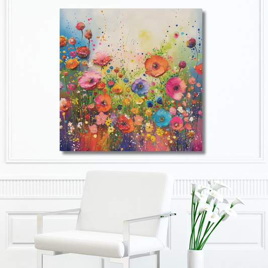 Vibrant Spring Awakening: Wildflower Field Bursting with Bright Blossoms on a Fresh Morning Print on Canvas Gallery Wraps