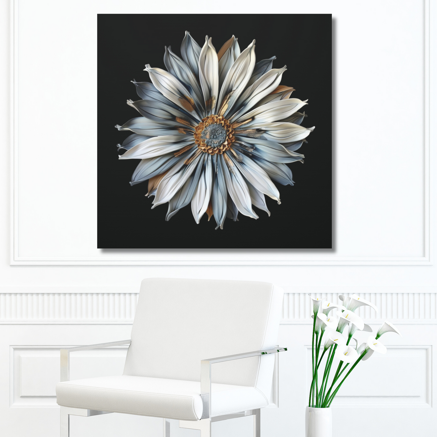 Pale Blue and Gold Sculpted Daisy on Black Background Print on Canvas Gallery Wraps  - 5 Sizes