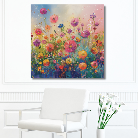 Vibrant Spring Awakening: Wildflower Field Bursting with Bright and Colorful Blossoms on a Fresh Morning Print on Canvas Gallery Wraps  - 5 Sizes