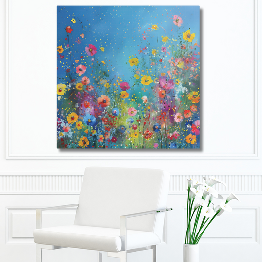 Bright Sky Spring Field of Vibrant Flowers Print on Canvas Gallery Wraps  - 5 Sizes