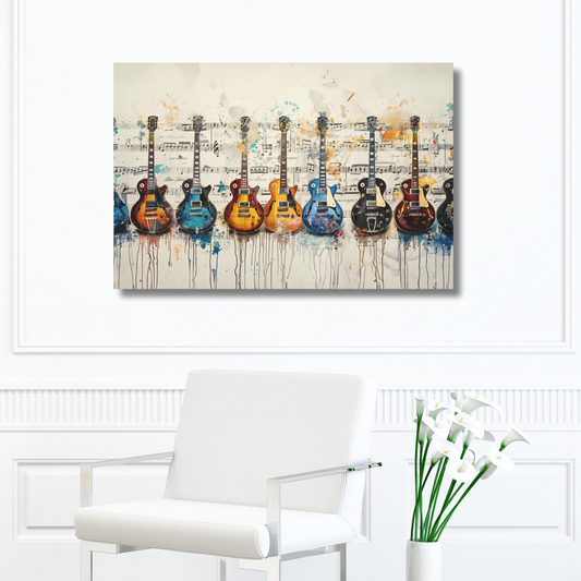 Harmonious Diversity: Array of Electric Guitars in Multicolors Resting on Sheet Music  Premium Canvas Gallery Wraps - 8 Sizes