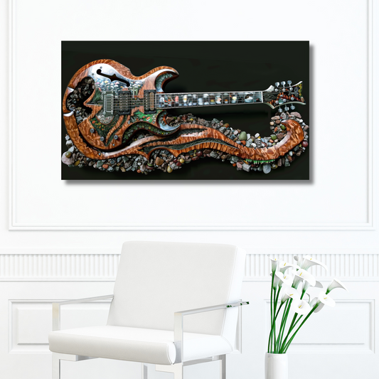 Carved Electric Guitar Encrusted with Stones with Floral Accents Resting on Stone and Wood Carved Stand Canvas Gallery Wraps - 4 Sizes