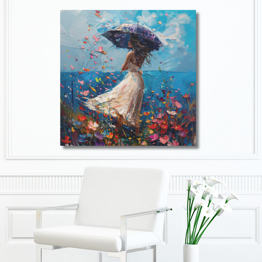 Spring Storms Women Standing on Hill of Wild Flowers Oil Painting Print on Canvas Gallery - 13 Sizes