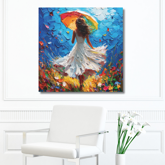 Spring Storm with Women Dancing in Field of Vibrant Spring Flowers Oil Painting Print on Canvas Gallery - 12 Sizes