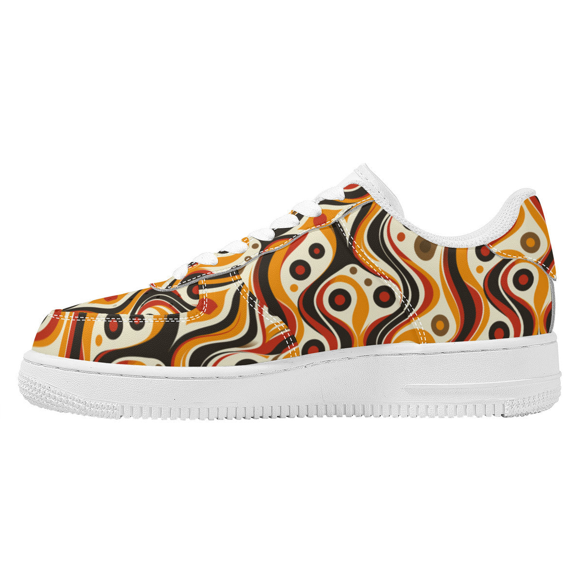 Retro Funky Chic Groove Vibrant Orange, Red, and Brown Swirls with Geometric Dots Unisex Air Force Sneakers