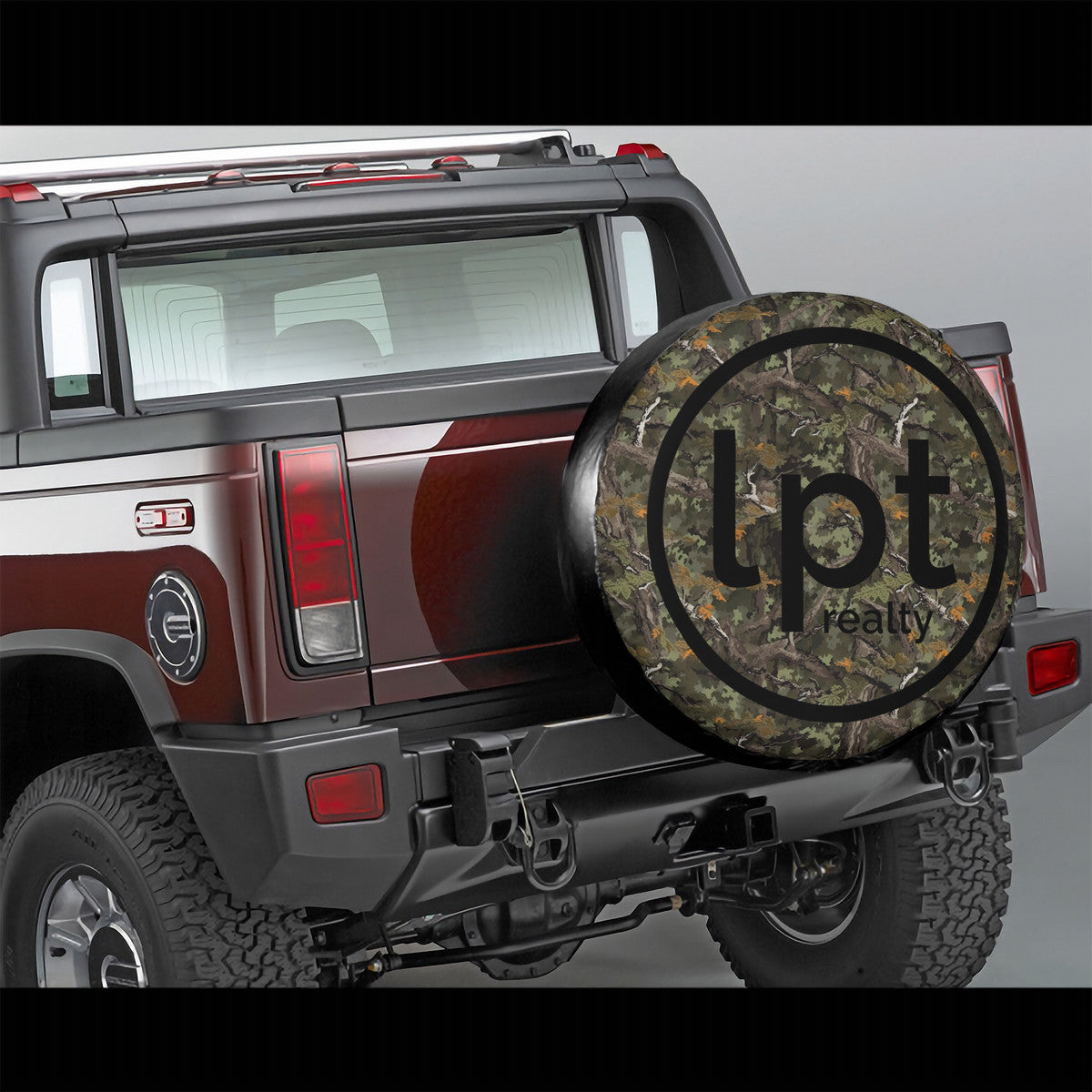 LPT Realty Logo in Black on Mossy Oak Theme Camouflage Background - Spare Tire Wheel Cover Sizes 14-17