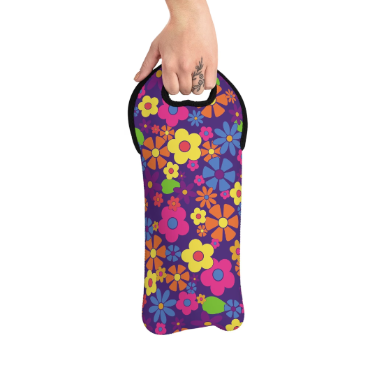 Flower Power on Purple Background Wine Tote Bag Reusable Eco Friendly