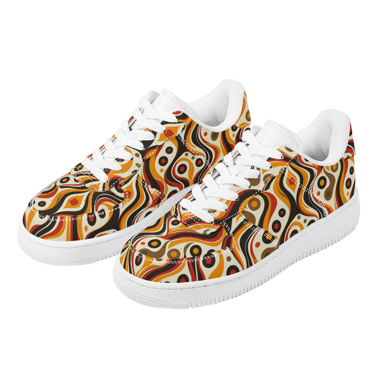 Retro Funky Chic Groove Vibrant Orange, Red, and Brown Swirls with Geometric Dots Unisex Air Force Sneakers