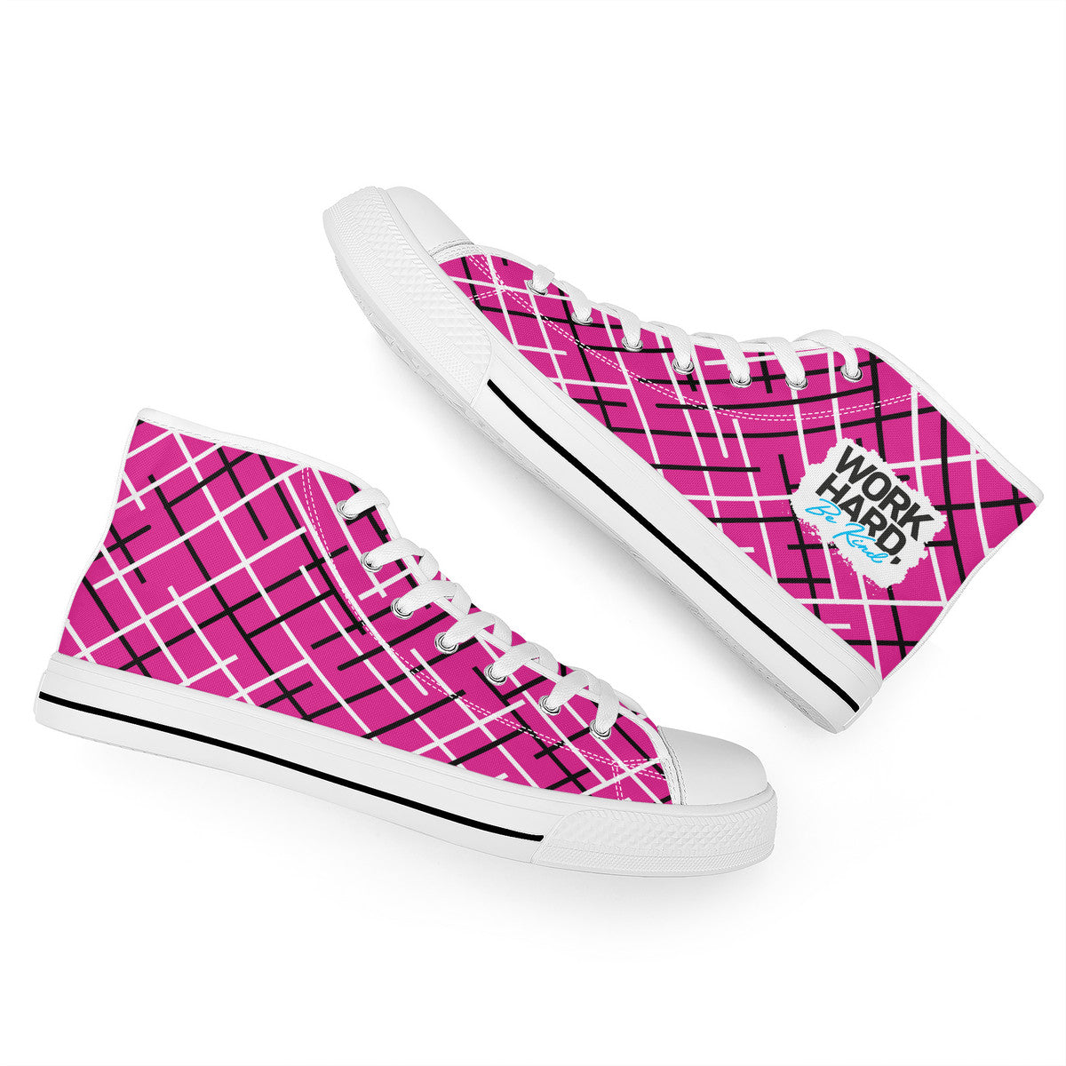 Work Hard Be Kind - Pink w/ Lines Converse Style High Tops