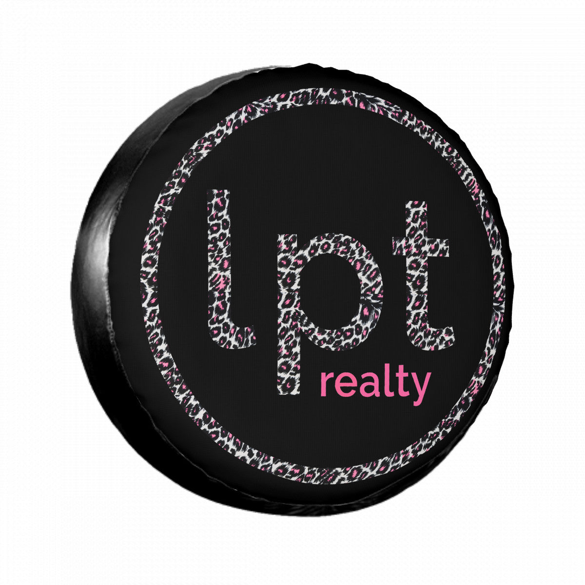 LPT Realty Logo in Pink & Black Leopard Print - Spare Tire Wheel Cover Sizes 14-17