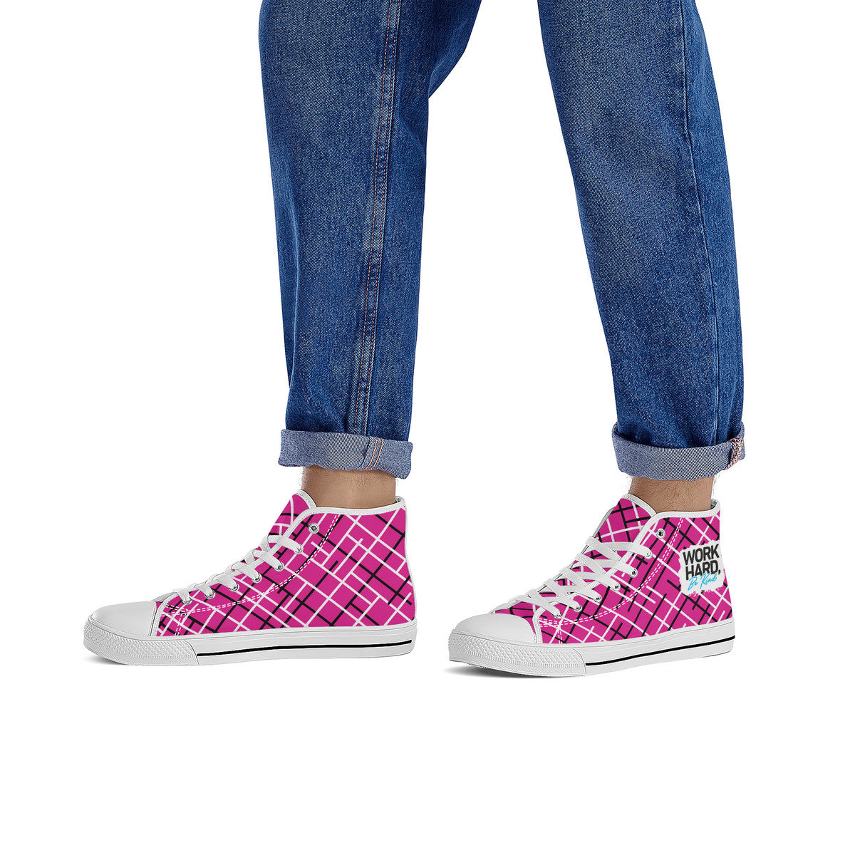 Work Hard Be Kind - Pink w/ Lines Converse Style High Tops