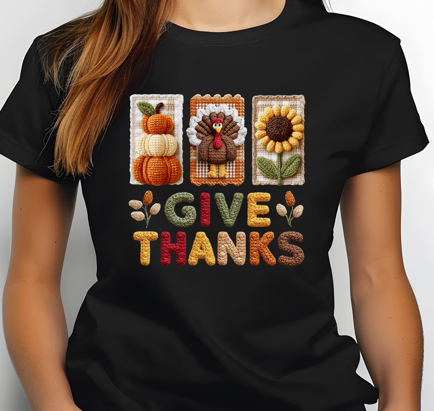 Thanksgiving Give Thanks Faux Yarn Crochet Print Jersey Short Sleeve T-shirt