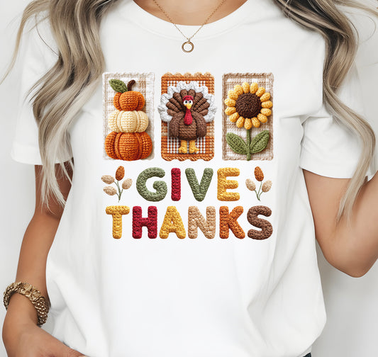 Thanksgiving Give Thanks Faux Yarn Crochet Print Jersey Short Sleeve T-shirt