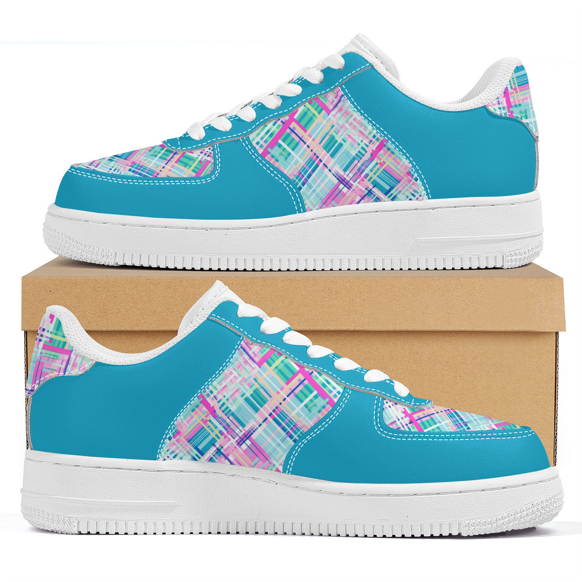 Whimsical Plaid Spectrum: Bright Pinks, Blues, and Greens and Blue Trim Unisex Air Force Sneakers