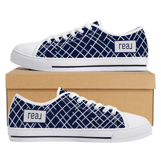 Real White Logo on Navy with Abstract Line Design Canvas Sneakers