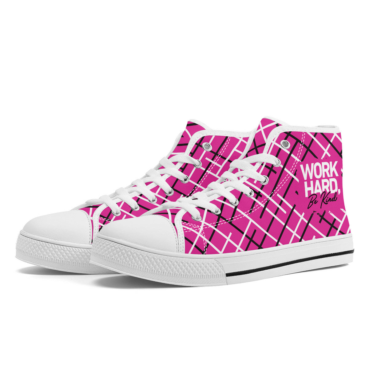 Work Hard Be Kind - Pink w/ Lines Converse Style High Tops