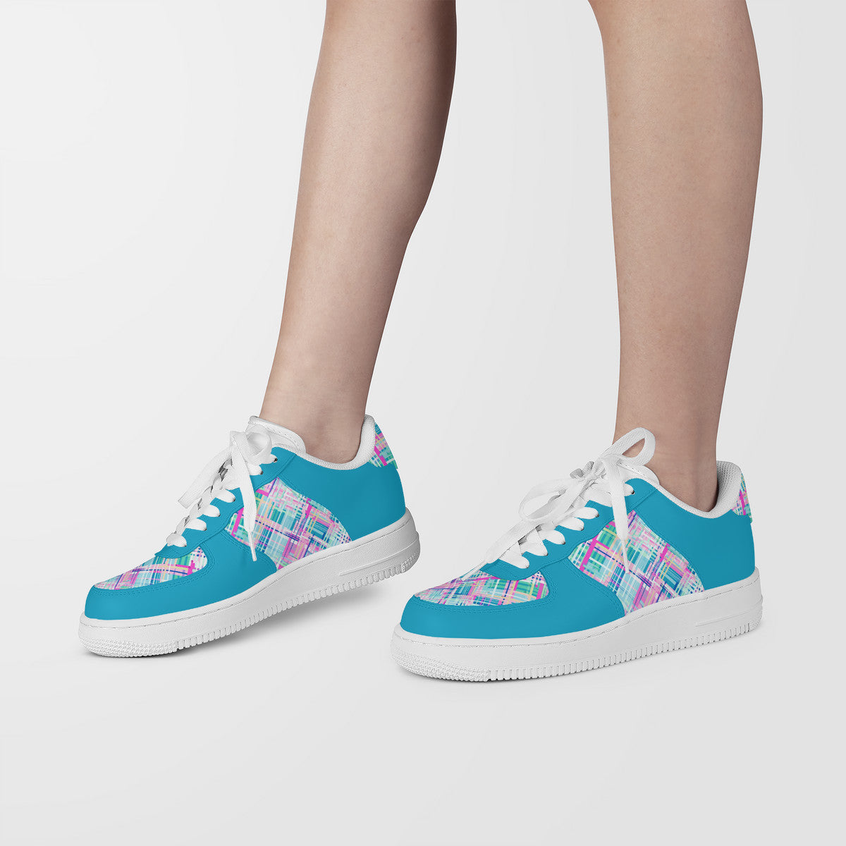 Whimsical Plaid Spectrum: Bright Pinks, Blues, and Greens and Blue Trim Unisex Air Force Sneakers