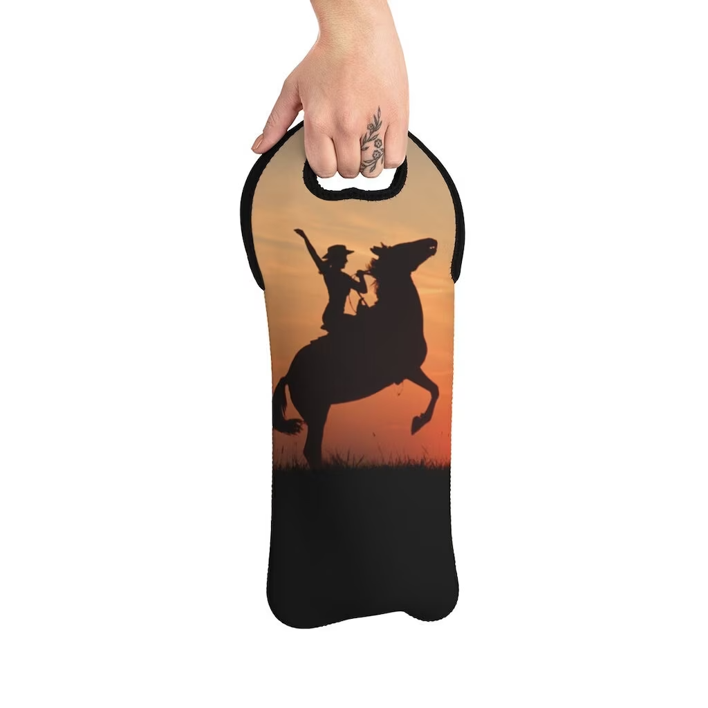 American Cowgirl and Horse at Sunset Wine Tote Bag Reusable Eco Friendly