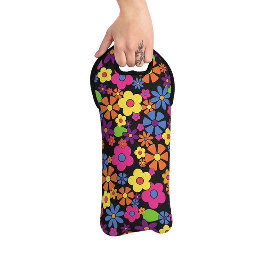 Flower Power on Black  Wine Tote Bag Reusable Eco Friendly  Wine Tote Bag Reusable Eco Friendly